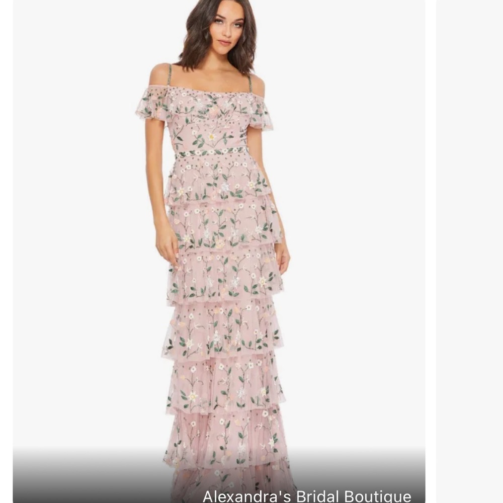 Mac Duggal Pink Floral Off-Shoulder Tiered Maxi Dress